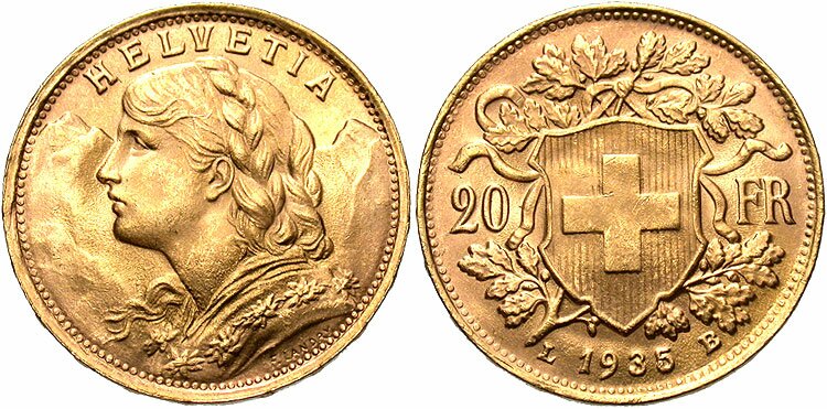 Юбилейная золотая монета в 20 франков